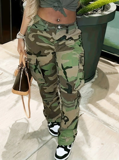 High Waist Straight Camouflage Cargo Jeans, Camo Print Medium Stretch Side Flap Pocket High Rise Denim Pants, Women's Denim Jeans & Clothing