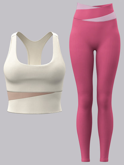 Women's 2-piece sports set with sports bra and leggings, color block design suitable for cycling, fitness, yoga, and running.