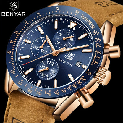 BY BENYAR Men'S Quartz Chronograph Watch - Luminous, Stainless Steel, Blue Dial with Date & Stopwatch, Faux Leather Strap, Elegant Business & Casual Style, Perfect Gift for Men, Professional Chronograph | Sleek Watch Design |