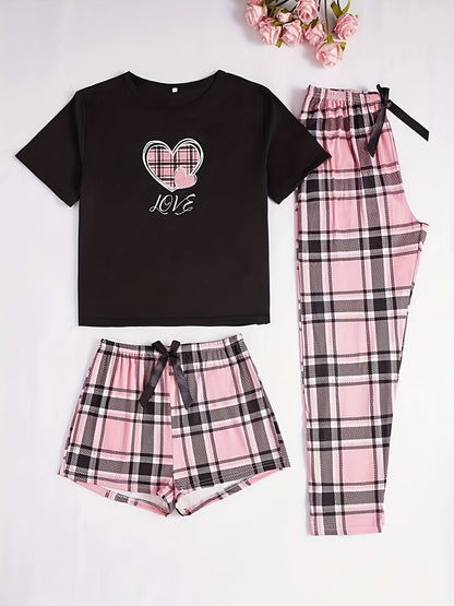 3-Piece Casual Women's Pink Heart Plaid Pajama Set with Round Neck and Plaid Pattern for Adults, Made of Polyester