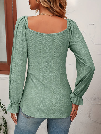 Jacquard Drawstring Front V Neck T-Shirt, Casual Long Sleeve Top For Spring & Fall, Women's Clothing