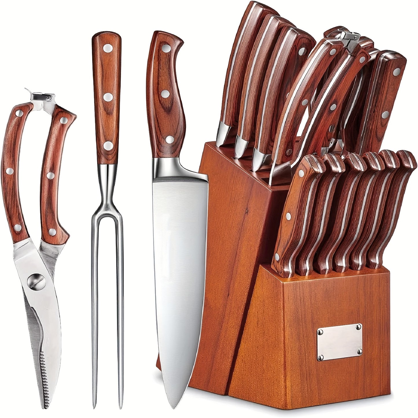 16pcs Knife Set, With Wooden Handle, Stainless Steel Chef'S Knife Set With Wooden Block, Professional Kitchen Knife With Sharpening Steel, Ideal Christmas Gift For Mother, Friend, Brown/Black