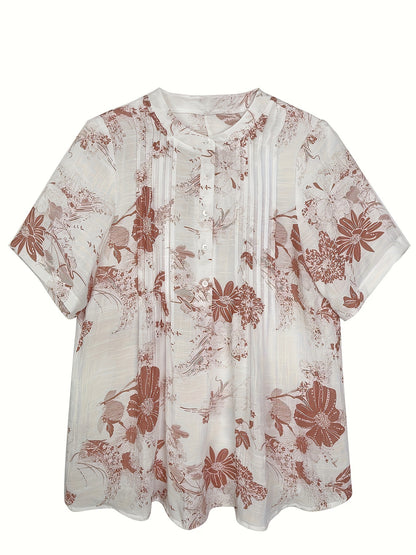 Women's Floral Print A-Line Blouse - Casual Short Sleeve, Round Neck with Front Button Detail, Lightweight Polyester Blend, Perfect for Spring/Summer