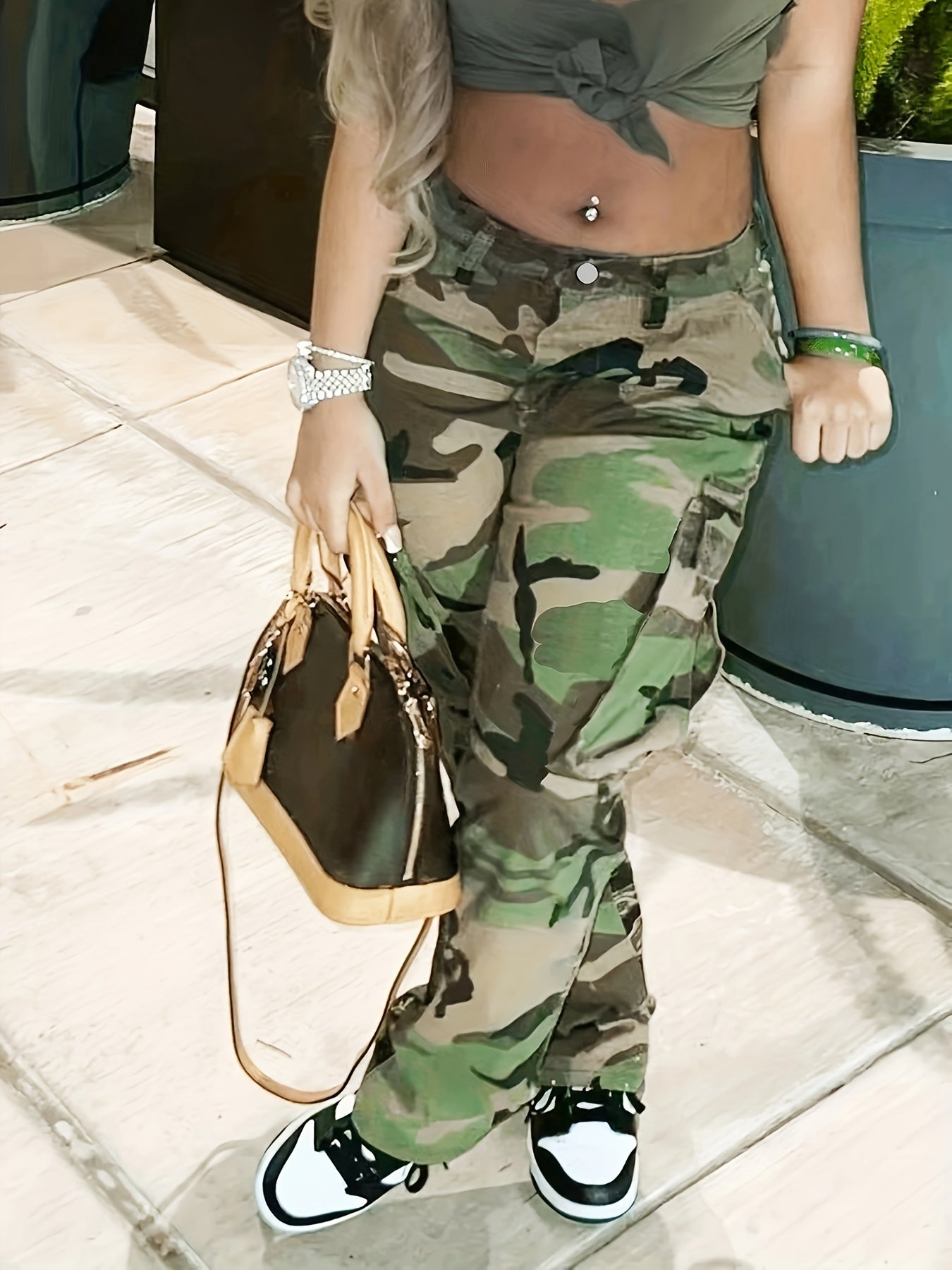 High Waist Straight Camouflage Cargo Jeans, Camo Print Medium Stretch Side Flap Pocket High Rise Denim Pants, Women's Denim Jeans & Clothing