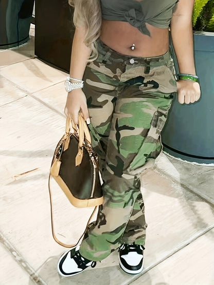 High Waist Straight Camouflage Cargo Jeans, Camo Print Medium Stretch Side Flap Pocket High Rise Denim Pants, Women's Denim Jeans & Clothing