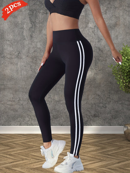 2pcs Women'S High-Waisted Yoga Pants - Side Stripe, Outdoor Sports Tights, Butt-Lifting Tummy Control Leggings, Comfortable Breathable Wide Waistband