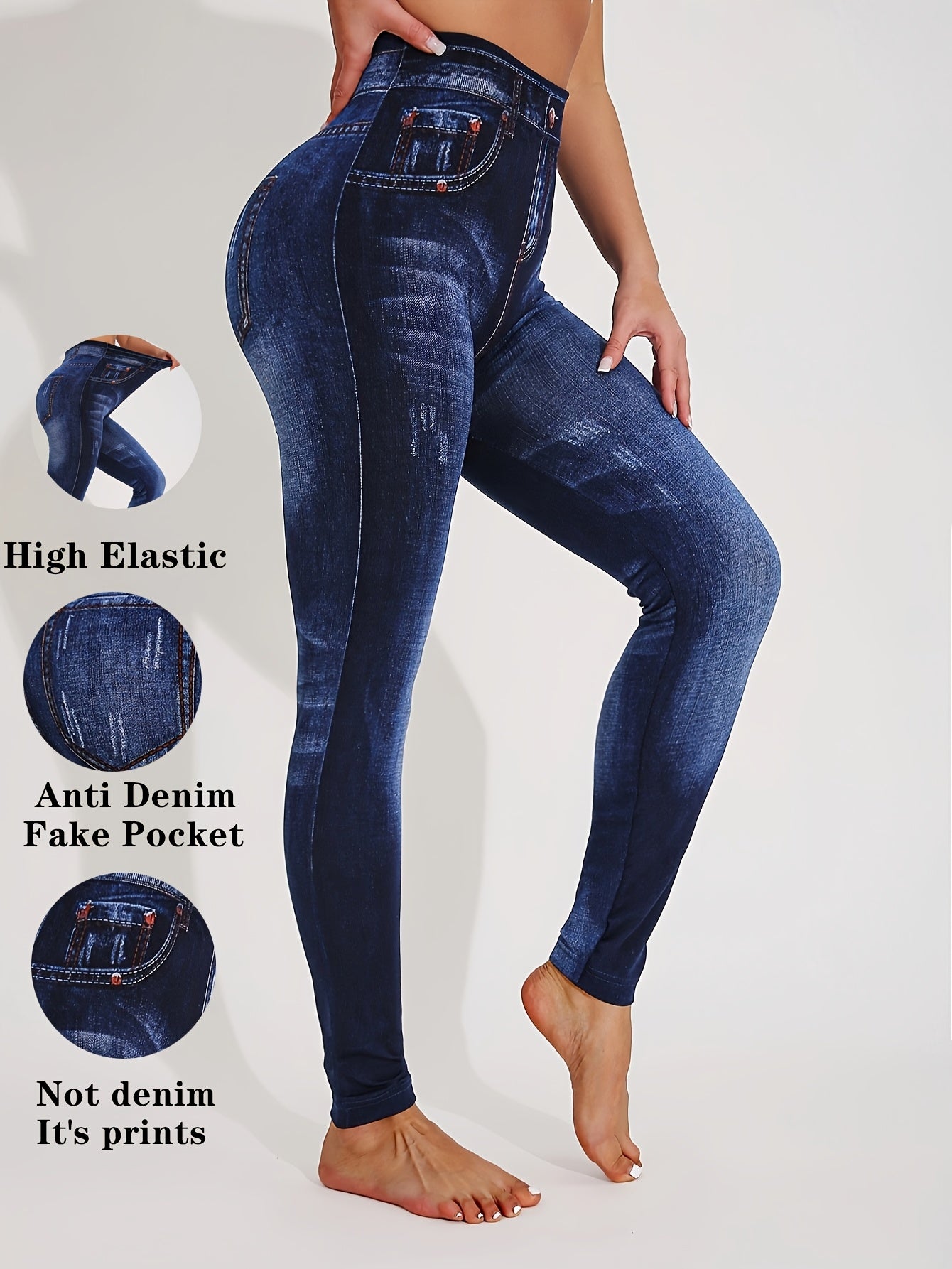 【imitation denim】Autumn And Winter Directional Style, Fashionable And Elegant Women'S Faux Denim Printed Leggings, Casual Fake Faux Denim Skinny Pants, Perfect for The, Three-Quarter Length, High Elasticity, Breathable So
