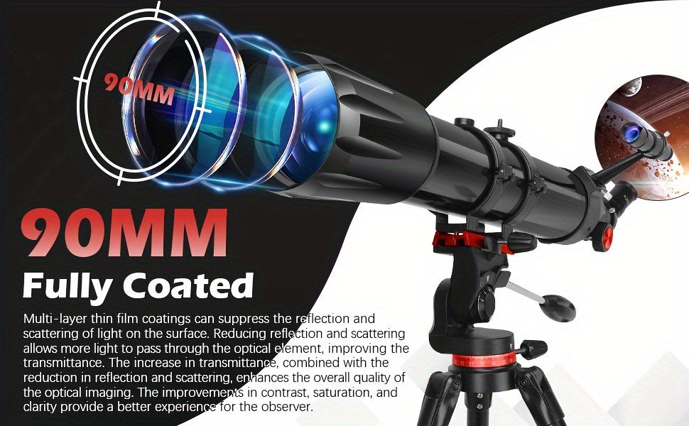 450x Magnification Professional Refractor Telescope, 90mm Aperture, 900mm Full Coated, High Transmittance with AZ Mount and Phone Holder for Moon Gazing, Bird Watching, Stargazing - Ideal Christmas and Birthday Gift