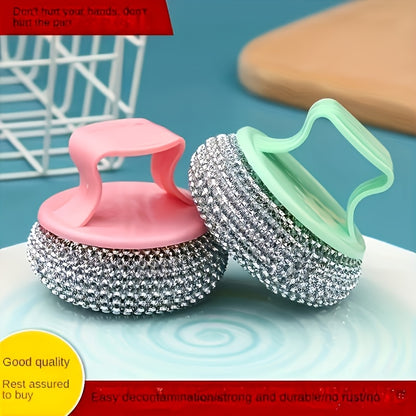 1pc Stainless steel cleaning brush with ergonomic handle - Reusable scouring ball, suitable for pots, kitchens, bathrooms, floors and outdoor use - Durable plastic and metal bristles, 1-4pcs, multi-functional scouring ball