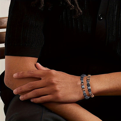 4pcs Men's Beaded Bracelet, Neutral Tiger Eye White Turquoise Spacer Handmade Beaded Elastic Bracelet, Daily Wear and Gift for Men and Women Couples