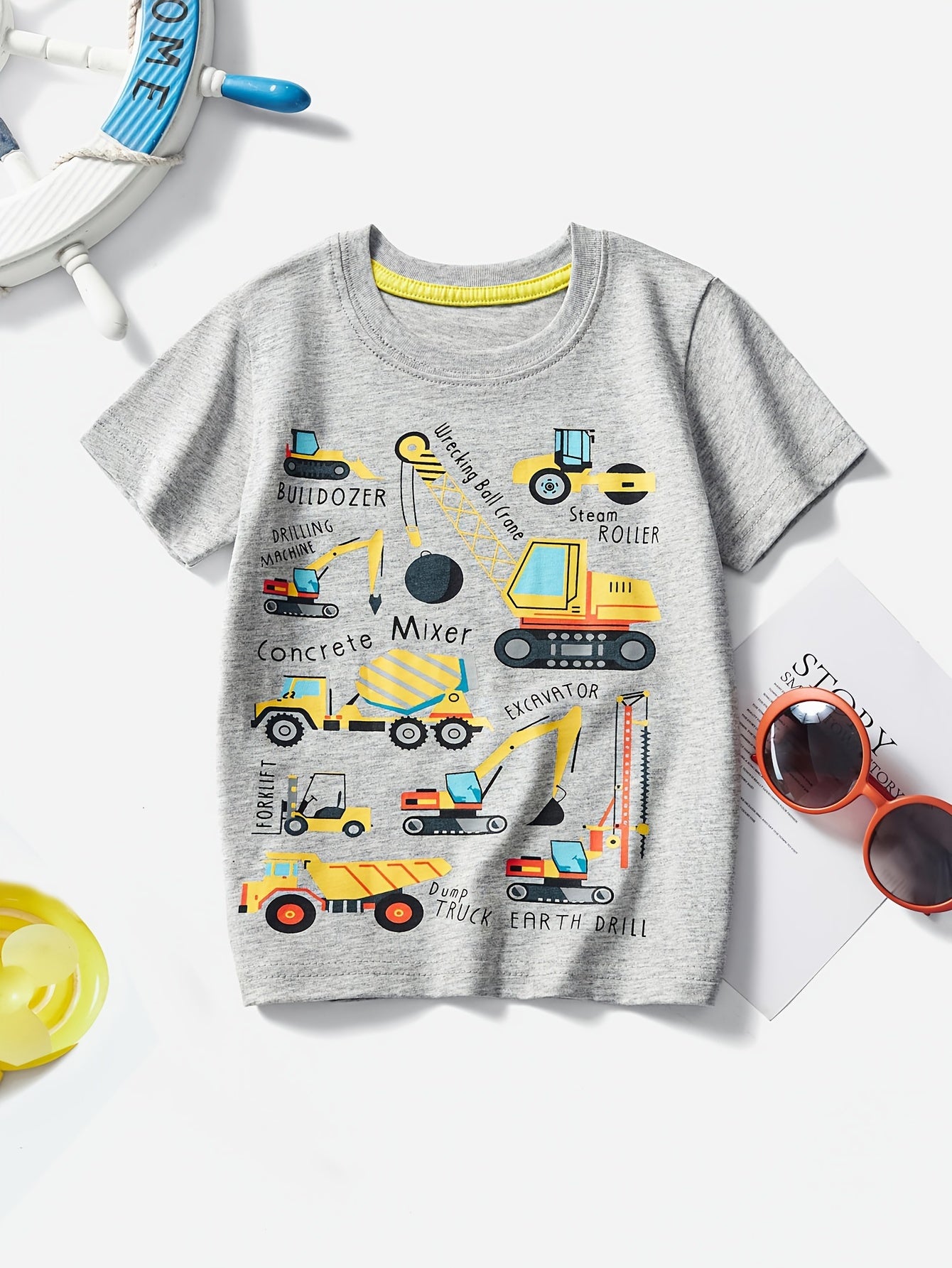 Boys' Cotton Short Sleeve T-Shirt with Cartoon Excavator Print, Breathable Summer Trend