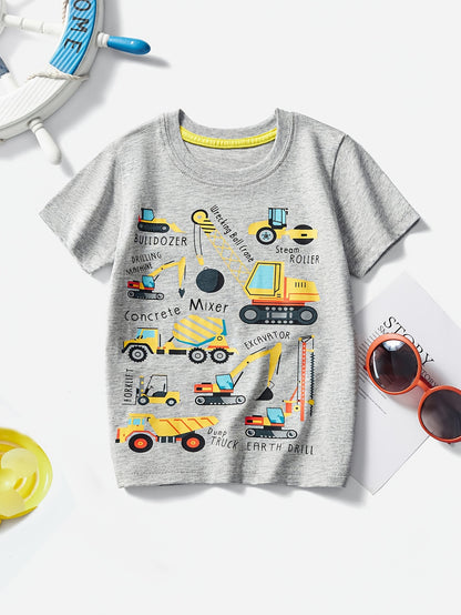 Boys' Cotton Short Sleeve T-Shirt with Cartoon Excavator Print, Breathable Summer Trend