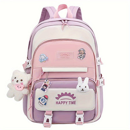 Chic Nylon Backpack for Girls - Cute Cartoon Design, Adjustable Straps, Lightweight backpack, Perfect for Elementary to High School Students