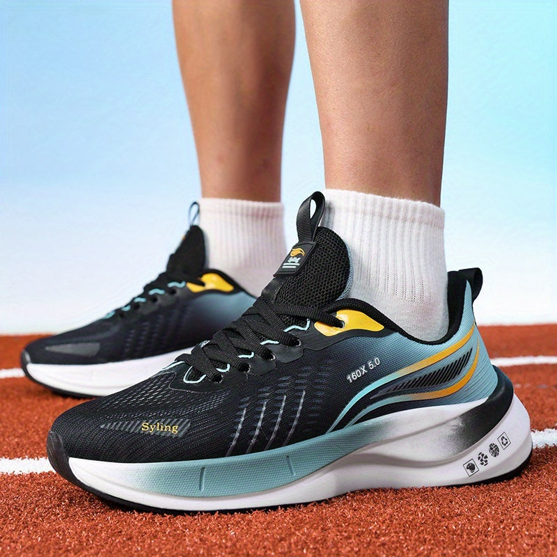 Men's mid-calf running shoes, breathable lightweight carbon plate, striped pattern, suitable for all seasons, lace-up closure, fabric upper and lining, rubber sole, MD outsole, cloth insoles, ideal for casual running, hiking,