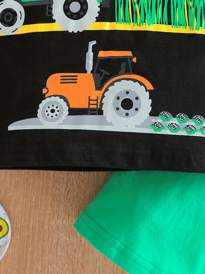 Boy's Tractors Print Casual Outfit Round Neck T-shirt & Shorts, Kids Summer Clothes Set For Daily And Outdoor Wear