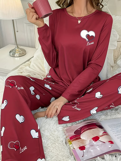 Plus Size Casual Heart Print Round Neck Long Sleeve Pantsuit