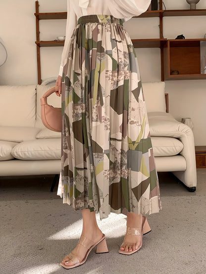 Elegant Geometric Pattern Pleated Midi Skirt for Women - Versatile, Fashion-Forward, Non-Stretch Polyester Fabric, Machine Washable - Perfect for All Seasons, Allseason Wear|Asymmetrical Hemline|Comfortable Fit