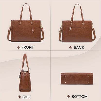 Vintage Brown Laptop Tote Bag for Women - 39.62 cm High Quality Business Office Shoulder Handbag with Multiple Compartments, Adjustable Strap & Golden-Tone Hardware, Textured Finish, Laptop Bag