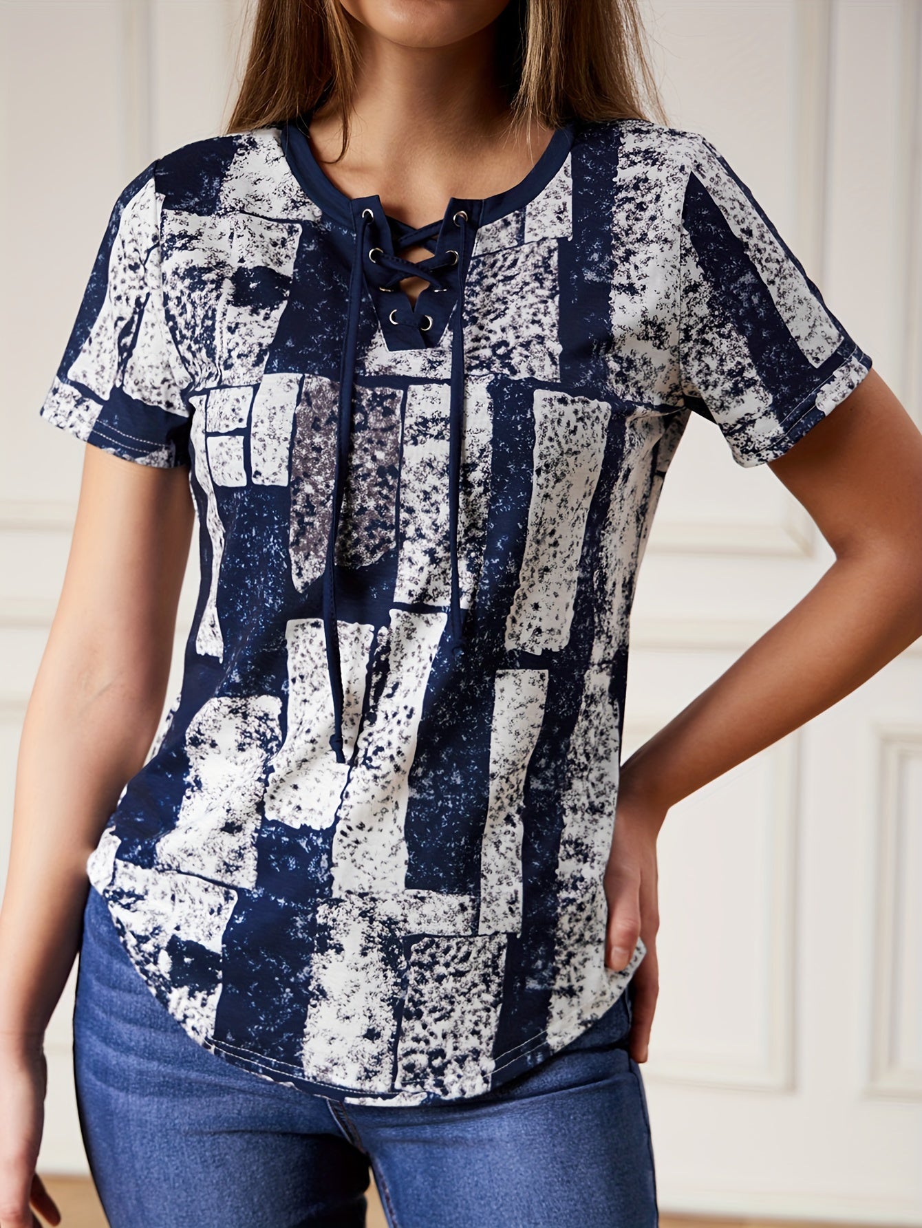 Graphic Print Lace Up V Neck T-shirt, Summer Casual Short Sleeve Top, Women's Clothing