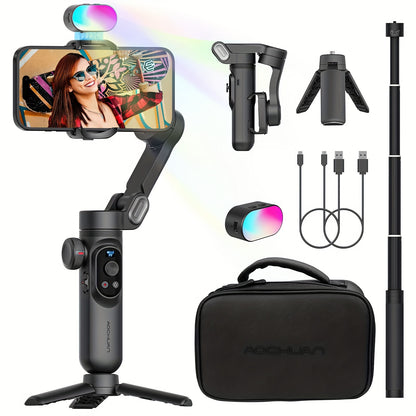 AOCHUAN SmartX Pro Combo 1 - Wireless Phone Gimbal Stabilizer with RGB Light, Extended Rod, and Carrying Case for YouTube & TikTok Video Creation (15 Pro Max Compatible), YouTube Video Stabilizer | Modern Gimbal Design | Comp