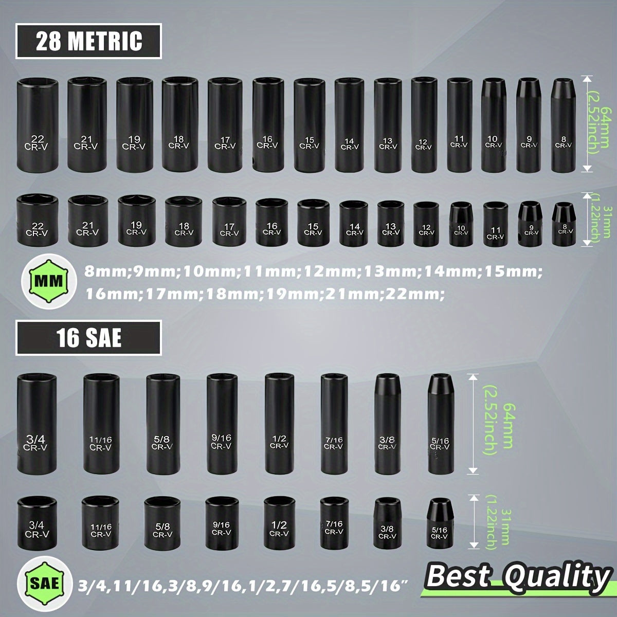 3/8" Drive Impact Socket Set, 6-Point 50pcs Standard Metric (8-22mm) &amp; SAE (5/16-3/4-Inch) CR-V Steel Sockets with Adapters and Tape Handle, Nice Gifts