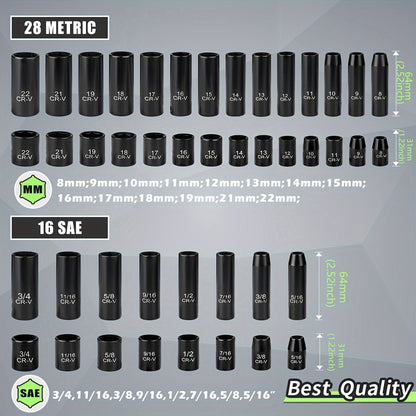 3/8" Drive Impact Socket Set, 6-Point 50pcs Standard Metric (8-22mm) &amp; SAE (5/16-3/4-Inch) CR-V Steel Sockets with Adapters and Tape Handle, Nice Gifts