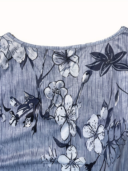 Floral Print Button Front T-shirt, Casual Short Sleeve Summer T-shirt, Women's Clothing
