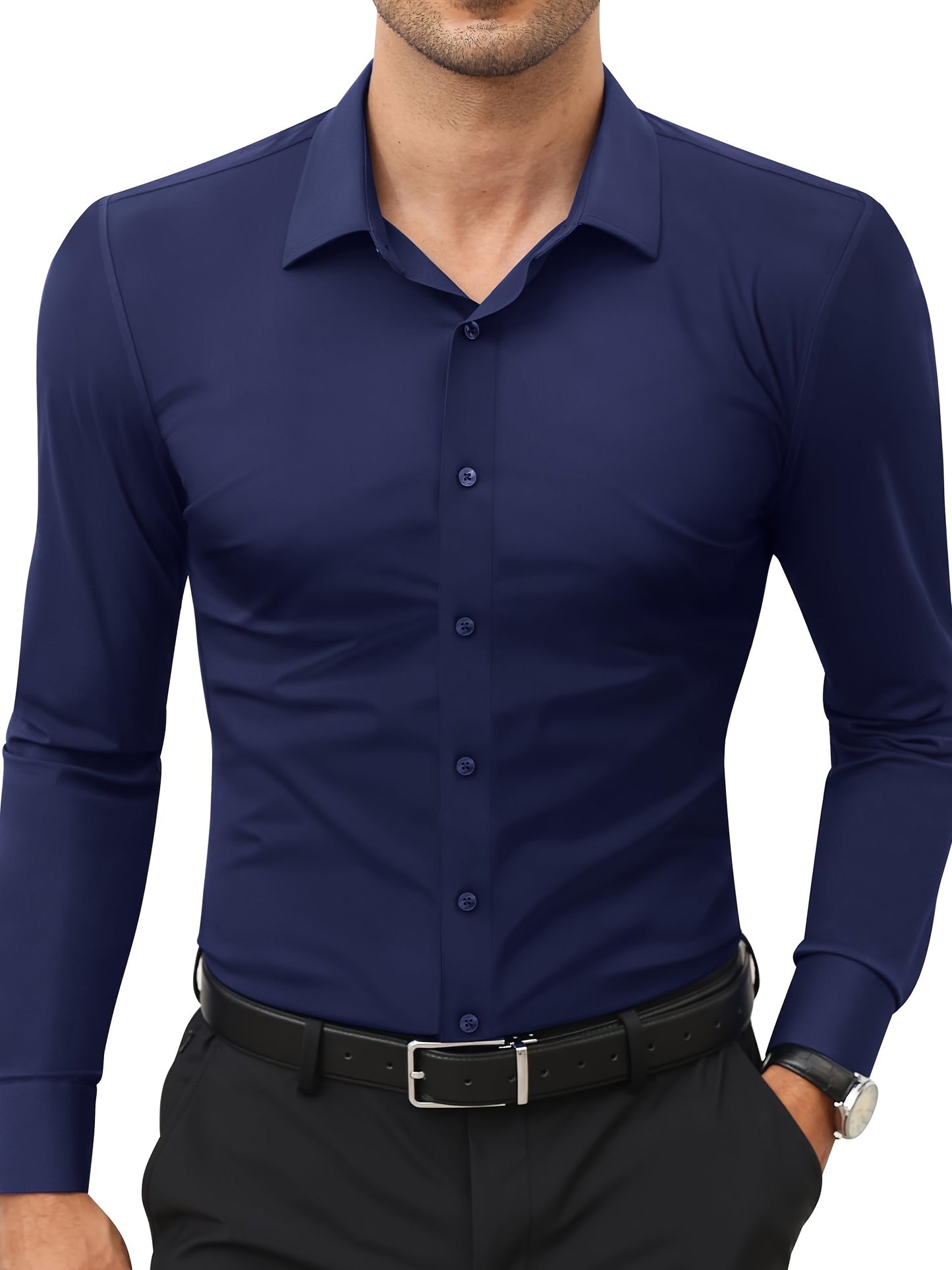 Camisola de homem de manga comprida com corte slim - 55% algodão, 40% poliéster, 5% elastano, cor lisa, para todas as estações, tecido plano, fecho com botões, gola de lapela, ideal para o fim de semana, 125 g/m²