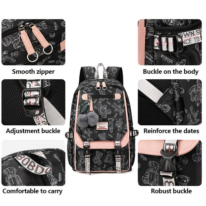 A set of youth vintage printed fashion backpacks, suitable for girls' campus commuting, travel backpack with a capacity of about 25 liters (height about 46cm), can hold a laptop, and the print position is random