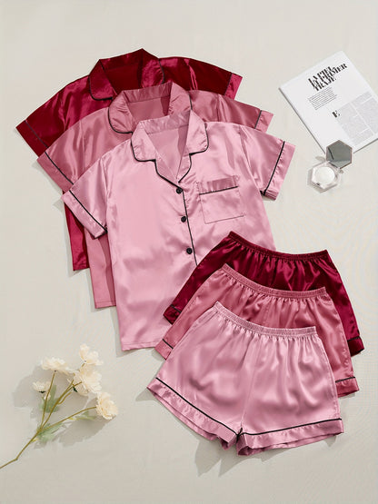 3 Sets Satin Pajama Set, Short Sleeve Lapel Top &amp; Elastic Waistband Shorts, Women's Sleepwear &amp; Loungewear