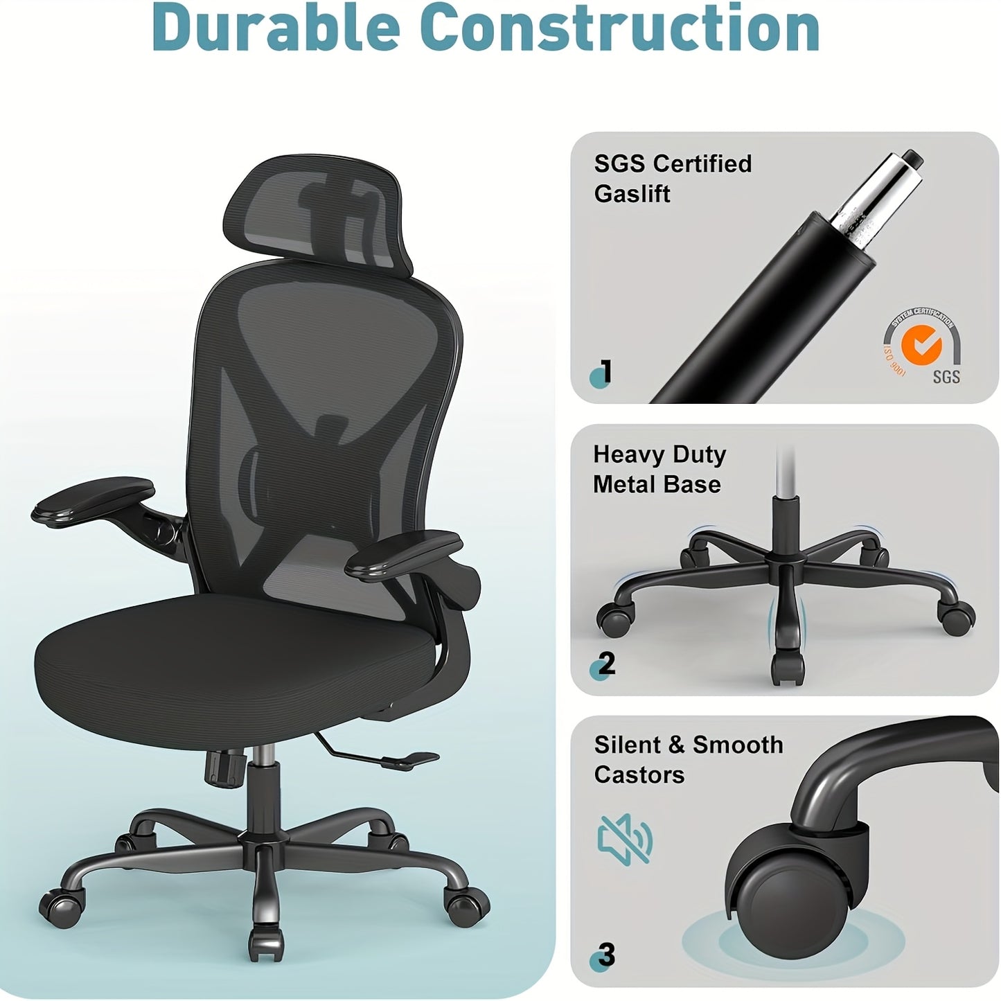 Ergonomic Office Chair with Adjustable Headrest &amp; Lumbar Support, Height-Adjustable Computer Desk Chair with Flip-Up Armrests, 360° Swivel, Breathable Mesh Backrest &amp; Seat, Durable Plastic Frame - Black for Home &amp; Office Use