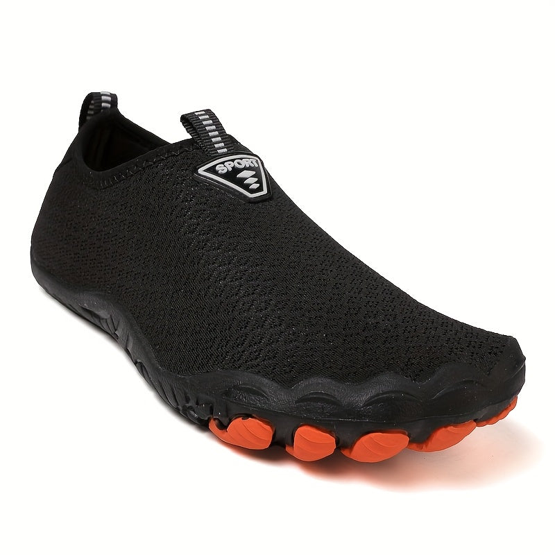 Quick-Dry Five-Toe Water Shoes for Men - Breathable, Non-Slip, Lightweight, Mesh Upper, Rubber Sole - Ideal for Beach, Swim, Hiking & Outdoor Adventures - Black & Orange Design
