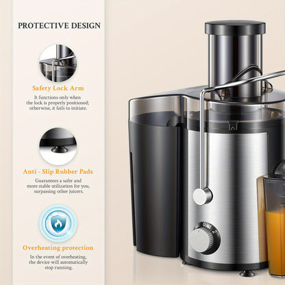 Extrator de sumo de 800 W para frutas e legumes integrais, preparação rápida de sumos, fácil de limpar, tubo de alimentação largo de 75 mm, duas velocidades e pés antiderrapantes.