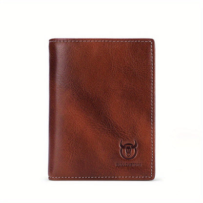 BULLCAPTAIN Men'S Genuine Leather Wallet, Handmade Full-Grain Cowhide, Large Capacity Multi-Card Holder, Driving License Slot, Sleek Black Embossed Logo, Business Style, Polyester Lined, Non-Braided, Secure Travel Wallet | St