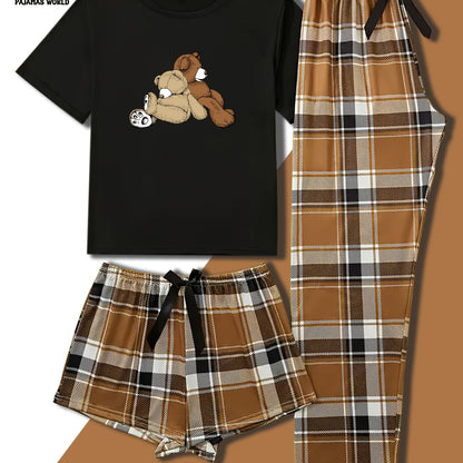 Conjunto de pijama casual para mulher com estampado de urso e xadrez - Blusa de manga curta macia e larga com cintura elástica, calças compridas e calções, roupa de dormir aconchegante para o outono/inverno