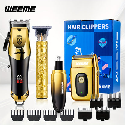 WEEME 4pcs Men'S Golden Electric Hairdresser Set, Household Beard Building Kit. Electric Hair Clipper + Electric Shaver + Electric Nose Hair Trimmer + Fine Trimmer. Used for Home, Car and Travel. Gifts for Fathers, Husbands,