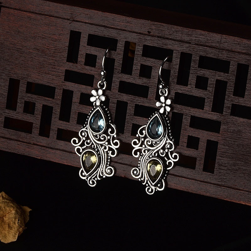 Creative Flower Water Drop Pear Shaped Earrings for Women Retro Crystal Stone Earrings Temperament Banquet Jewelry