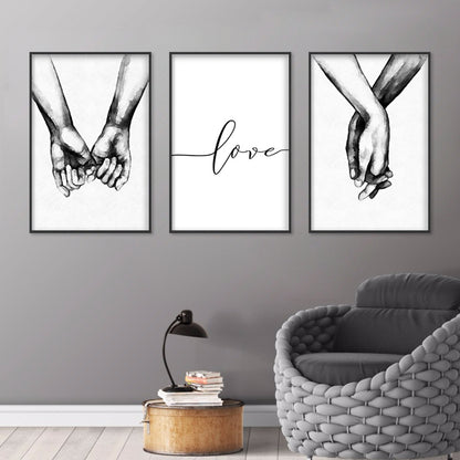 3pcs Love Hand in Hand Wall Decals - Black &amp; White Sketch Couple Hands Canvas Painting Posters for Home Bedroom Living Room Decor - No Frame Needed