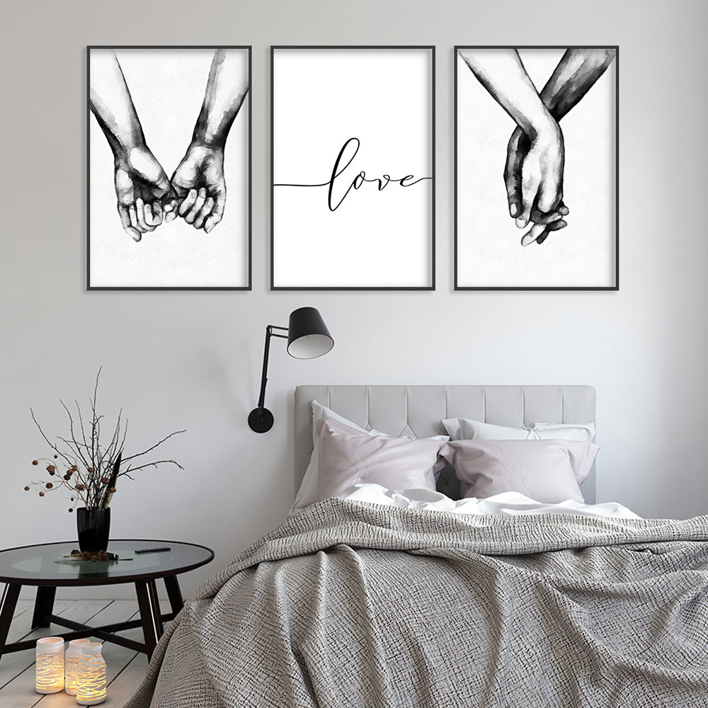 3pcs Love Hand in Hand Wall Decals - Black &amp; White Sketch Couple Hands Canvas Painting Posters for Home Bedroom Living Room Decor - No Frame Needed