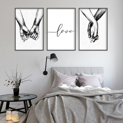 3pcs Love Hand in Hand Wall Decals - Black &amp; White Sketch Couple Hands Canvas Painting Posters for Home Bedroom Living Room Decor - No Frame Needed
