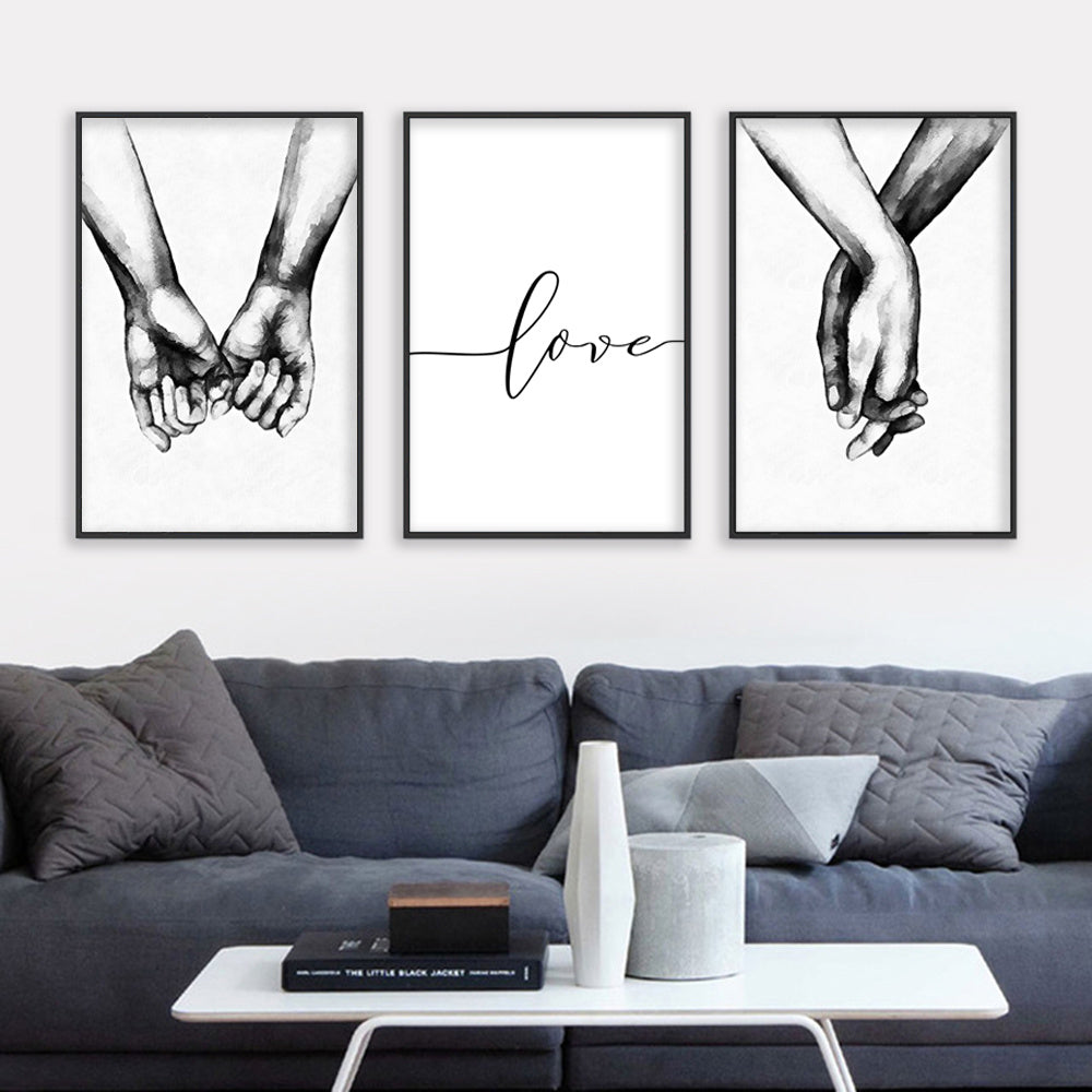 3pcs Love Hand in Hand Wall Decals - Black &amp; White Sketch Couple Hands Canvas Painting Posters for Home Bedroom Living Room Decor - No Frame Needed