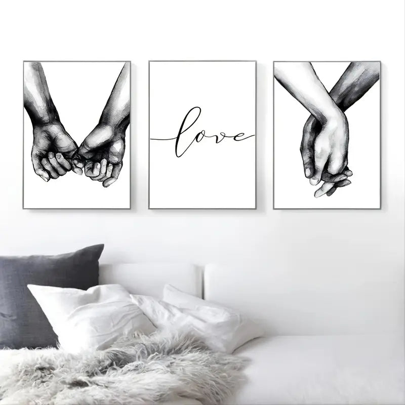 3pcs Love Hand in Hand Wall Decals - Black &amp; White Sketch Couple Hands Canvas Painting Posters for Home Bedroom Living Room Decor - No Frame Needed