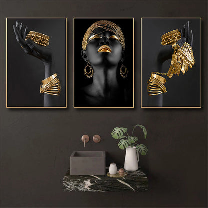 3pcs Beautiful African Woman Wall Decals - Golden Jewelry Canvas Painting Posters for Home Bedroom Living Room Decor - No Frame Needed