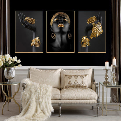 3pcs Beautiful African Woman Wall Decals - Golden Jewelry Canvas Painting Posters for Home Bedroom Living Room Decor - No Frame Needed