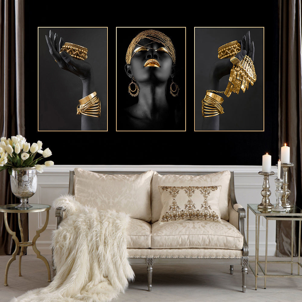 3pcs Beautiful African Woman Wall Decals - Golden Jewelry Canvas Painting Posters for Home Bedroom Living Room Decor - No Frame Needed