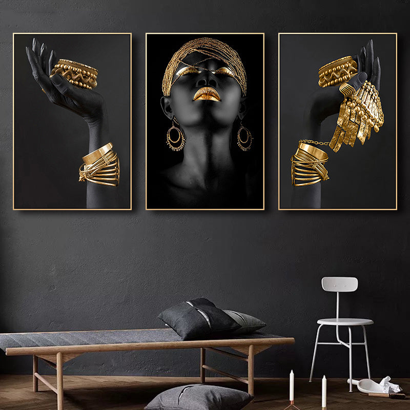 3pcs Beautiful African Woman Wall Decals - Golden Jewelry Canvas Painting Posters for Home Bedroom Living Room Decor - No Frame Needed