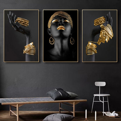 3pcs Beautiful African Woman Wall Decals - Golden Jewelry Canvas Painting Posters for Home Bedroom Living Room Decor - No Frame Needed