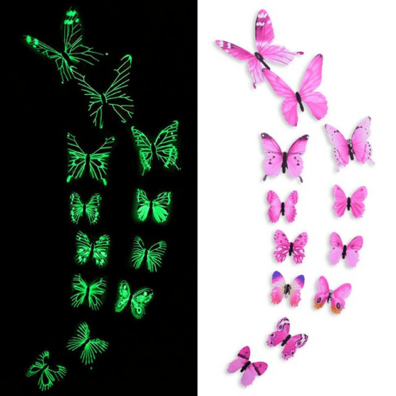 12pcs Luminous Butterfly Wall Decals, Contemporary Style 3D Glow in the Dark Stickers, Reusable High-Glossy Plastic Animal Theme Irregular Shape for Living Room Bedroom Home Decor, Butterfly Decorations