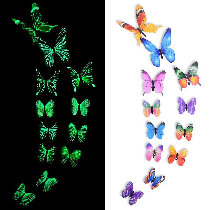 12pcs Luminous Butterfly Wall Decals, Contemporary Style 3D Glow in the Dark Stickers, Reusable High-Glossy Plastic Animal Theme Irregular Shape for Living Room Bedroom Home Decor, Butterfly Decorations