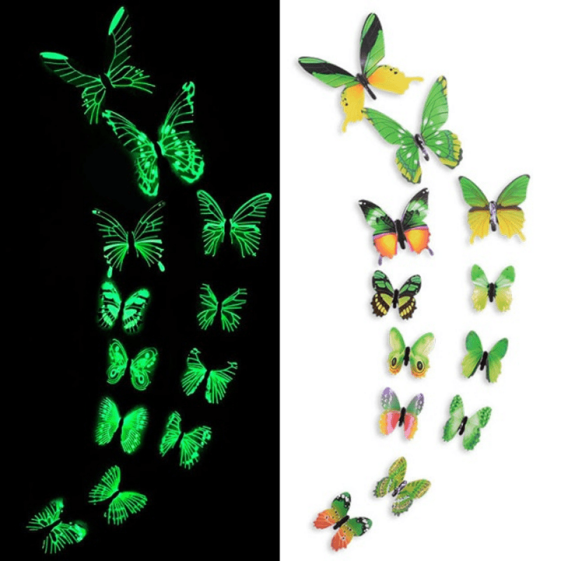 12pcs Luminous Butterfly Wall Decals, Contemporary Style 3D Glow in the Dark Stickers, Reusable High-Glossy Plastic Animal Theme Irregular Shape for Living Room Bedroom Home Decor, Butterfly Decorations